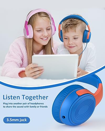 ELECDER Kids Headphones, S8 Wired Headphones for Kids with Microphone for Boys Girls, Adjustable 85dB/94dB Volume Limited, 3.5 mm Jack for School/Kindle/Smartphones/Tablet/Airplane Travel(Blue/Red)