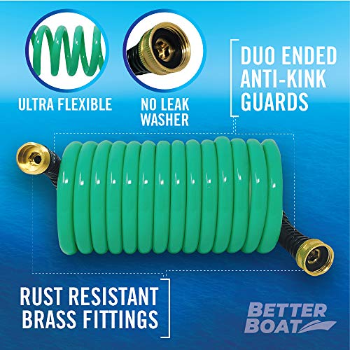15FT Coiled Boat Hose, Expandable Coil Water Hose, Marine Grade 3/4 Inch Connectors, Perfect for RV Wash, Garden, and Marine Washdown, Self-Recoil Design, 15 Foot Length