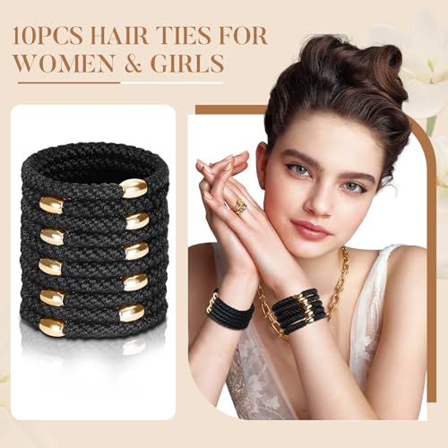 FORENEE Hair Ties No Damage - 10PCS Ponytail Holders - Elastic Hair Ties for Thick Hair - Braided Hair Bands for Women Girls's Hair - Black