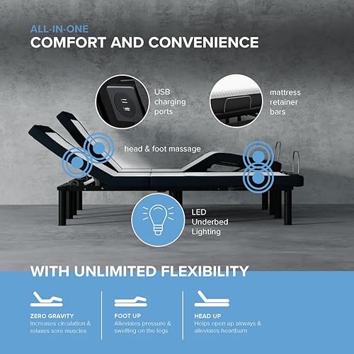 Blissful Nights z4 Twin XL Adjustable Bed Frame for Storage Beds with Massage Anti-Snore, Zero G, USB Charging Station, Wireless Remote Head and Foot Incline and No Tools Required Assembly