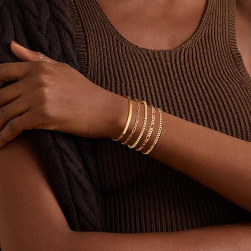 Wowshow Gold Bracelets for Women Bracelet Stack Set 14K Real Gold Plated Link Charm Bracelet Dainty Link Chain Stackable Charm Bracelets Adjustable Bangle Cuff Bracelet Pack Jewelry Gifts for Women 6.0 Inch
