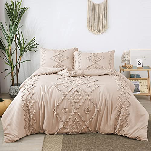 PERFEMET Beige Cream Tufted Comforter Set Full Size, Geometric Tufts Full Size Bedding Sets, Farmhouse Boho Chic Bed Comforter Set (Beige, Full)