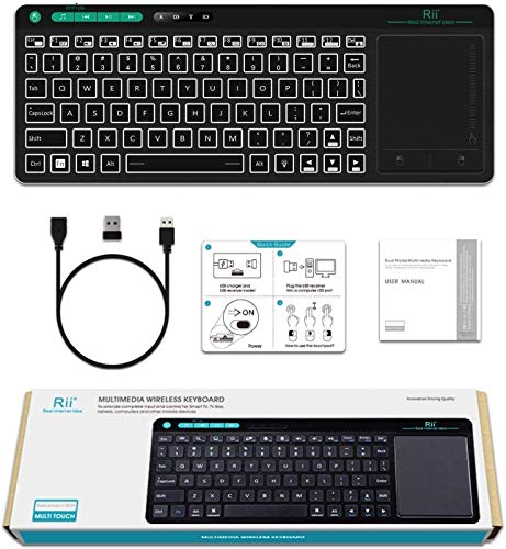 Rii K18 Plus Wireless 3-LED Color Backlit Multimedia Keyboard with Multi-Touch Big Size Trackpad,Rechargable Keyboard for Android TV Box,PC,Smart TV,Xbox,Raspberry Pi, HTPC IPTV,Windows, MacOS (2.4G)