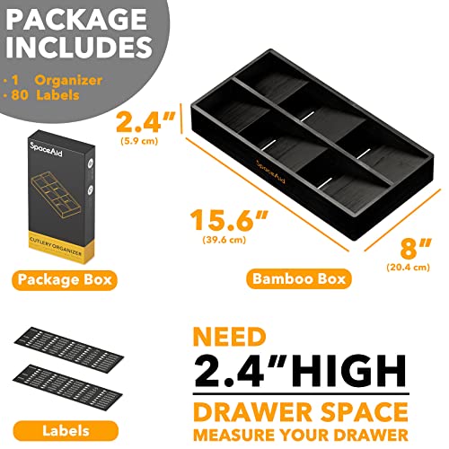SpaceAid Bamboo Silverware Drawer Organizer with Labels, Kitchen Utensil Tray Holder Organizer for Flatware, Cutlery, Spoon and Knives Drawer Storage Organization (Black, 6 Slots)