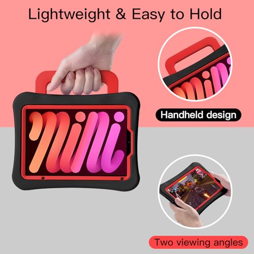 LeiJue Kids Case for iPad Mini 7 (A17 Pro) 2024 /iPad Mini6 2021, Light Weight Heavy Duty/Shockproof/Drop Proof with Handle/Kickstand, Child Friendly Cover for iPad Mini 7th/6th Gen 8.3inch (red)