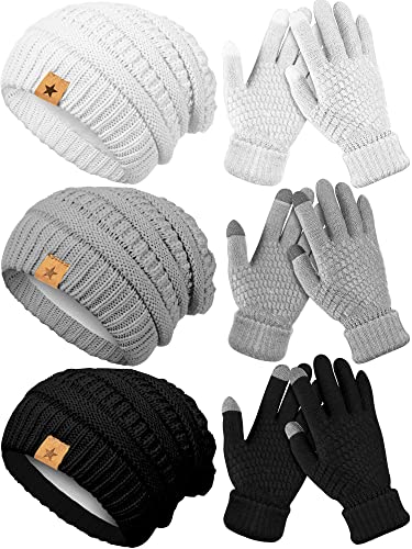 6 Pcs Women Winter Beanie Hat Gloves Set 3 Pcs Warm Knitted Hats and 3 Pairs Touchscreen Gloves Women Lady Cold Winter Gifts(Black, Gray, White)