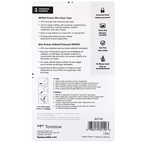 Tombow 62140 Power Mini Glue Tape, 3-Pack. Easy to Use Compact Applicators for Strong, Permanent Bond