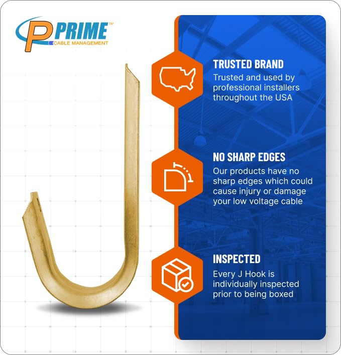 Prime Cable Management 1 5/16 Inch Heavy Duty Metal Cable & Wire Support J-Hook Hangers for Wall Mounting & Attaching to Vertical Surfaces for Cable & Wire Management