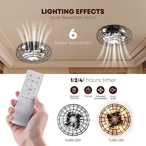 NookNova Ceiling Fan with Lights, 16 Inch Caged Ceiling Fan Lights Remote Control Small Industrial Ceiling Fan Light Fixture Flush Mount Farmhouse Light 6 Speeds Bladeless Lights for Bedroom Kitchen