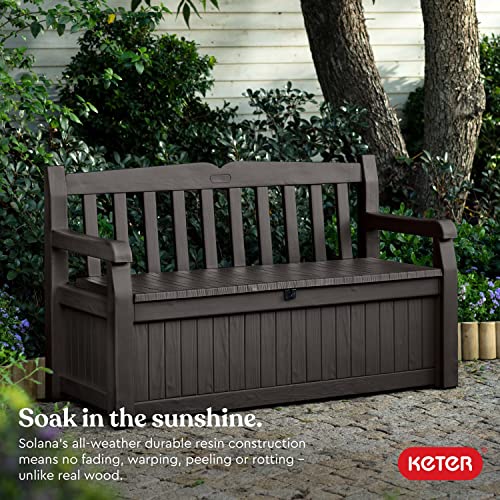 Keter Solana 70 Gallon Storage Bench Deck Box for Patio Furniture, Front Porch Decor and Outdoor Seating – Perfect to Store Garden Tools and Pool Toys, Brown/Brown