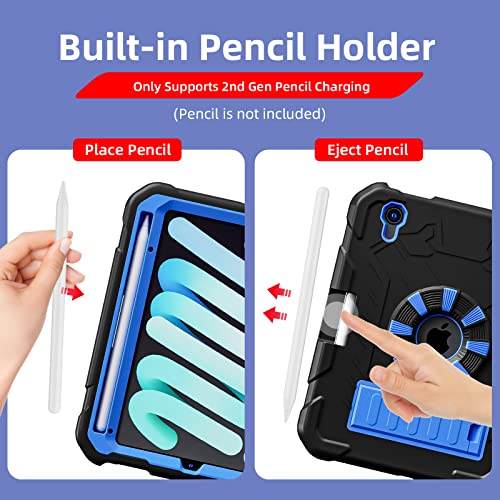 SIBEITU iPad Mini Case 2021 for Kids | iPad Mini 6 Case iPad Mini 6th Generation Case with Pencil Holder Stand | Slim Shockproof Protective Case Cover for iPad Mini 8.3 2021 Black & Blue