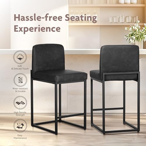 ALPHA HOME Counter Height Bar Stools, 24” Kitchen Counter Stools Set of 1, Pu Leather Kitchen Modern Bar Chairs with Back&Footrest, Sturdy Chromed Metal Steel Frame, Black