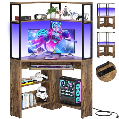 Cyclysio Small Corner Desk with Hutch, Heavy Duty Corner Computer Desk with Power Outlets & LED Light, Triangle Corner Gaming Desk with Keyboard Tray for Home Office, Small Space, Workstation Black