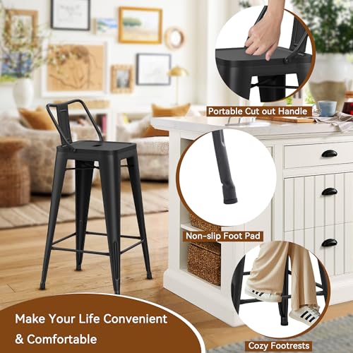 Changjie Furniture Industrial Metal Bar Stools with Backs Set of 4, Counter Height Barstools for Home Kitchen, Durable and Stylish Bar Stools Set (24 inch, Matte Black)