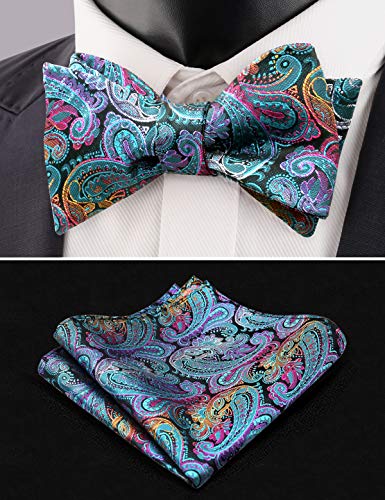 Alizeal Mens Paisley Jacquard Self-Tie Bow Tie Pocket Square Set (Plum Purple)