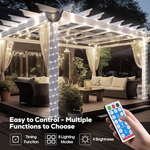 ICRGB Solar Rope Lights, 39FT 120LED Outdoor Solar Powered String Lights, IP67 Waterproof, 8 Modes, Dimmable and Timer, Remote Control Solar Lights for Outside Patio Porch Garden Pool Decor, White