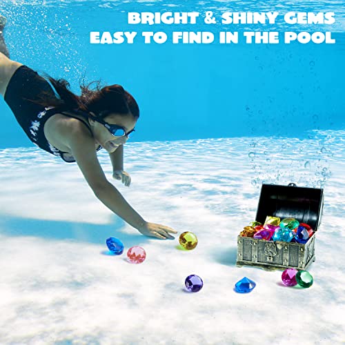 Sloosh Diving Gems Pool Toys, 16 Big Colorful Diamond with Pirate Treasure Chest, Swim Dive Toy for Kids Underwater Gemstone Swimming Training Gift Water Toys Pool Games(Gold)