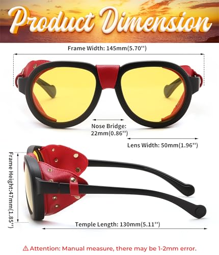 FEISEDY Steampunk Sunglasses Women Men,Polarized Yellow Lens, Retro Round Vintage Frame Leatherwear B0159