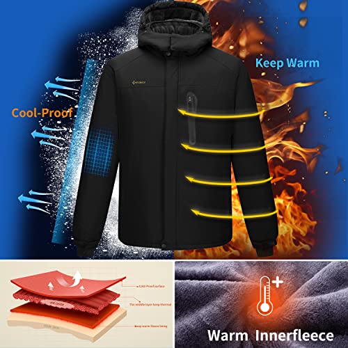 Kugnala Men's Winter Skiing Jacket Waterproof Warm Snow Fleece Lining Coat Mountain Windbreaker Hooded Windproof Rain Jacket Black S