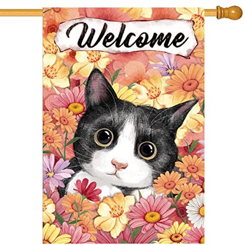 Morigins Welcome Floral Flowers Yard Flag Decorative Cute Kitty Spring Summer Double Sided House Flag 28x40 inch