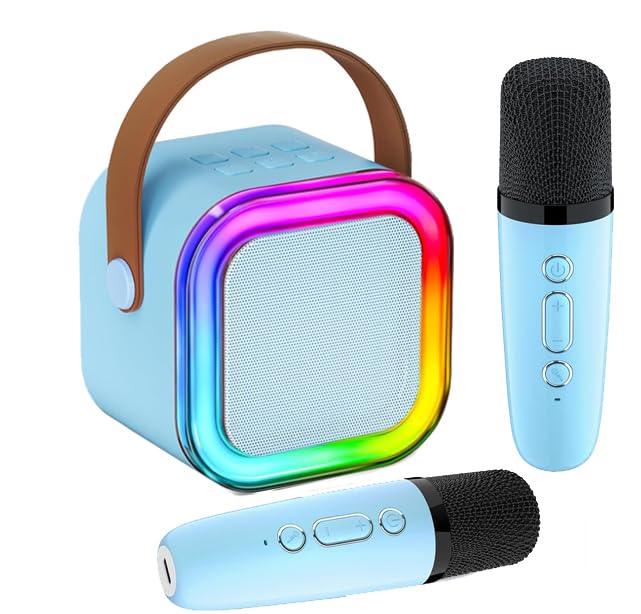 Mini Karaoke Machine for Kids,Portable Bluetooth Speaker with 2 Wireless Microphones for Kids Adults,MP3 Music Player Fun Birthday Gifts for 4-12 Years Teens Colorful Lights Girls Boys (Blue)