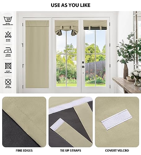 LazBlinds 100% Blackout Door Curtains, Self Stick Tie up French Door Curtain for Privacy, Room Darkening Window Drape Front Door Sidelight Glass Door Curtain Panels, 26W x 69L, 1 Panel, Beige