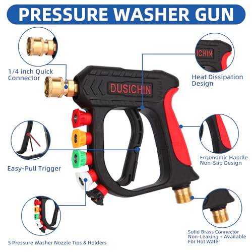 DUSICHIN Foam Cannon Short Pressure Washer Gun 1/4 Inch Quick Connector,Car Wash Foam Gun with 5 Pressure Washer Nozzle Tips 3/8'' Swivel Quick Connector,Additional Orifice Nozzle 1.04mm Car Washing