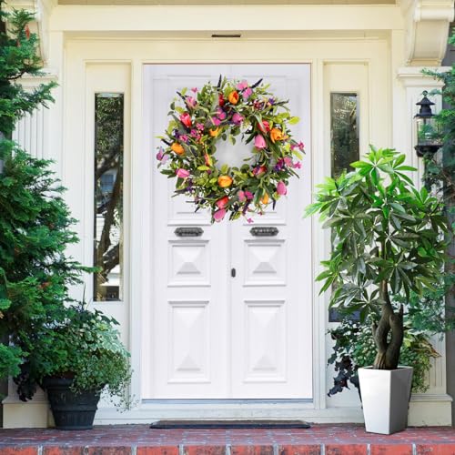 24" Wreaths for Front Door, Spring Summer Wreath with Tulip Wreath, Butterfly, Lavender and Eucalyptus, Vivid Artificial Floral Wreath for Wall Window Farmhouse Party Holiday Home Décor