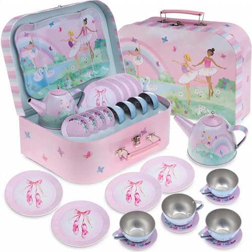 Jewelkeeper Tea Set for Little Girls - 15-Piece Tin Tea Party Set, Ballerina Design - Safe and Durable Toy Kids Tea Set with Carrying Case - Ideal Gift for Kids