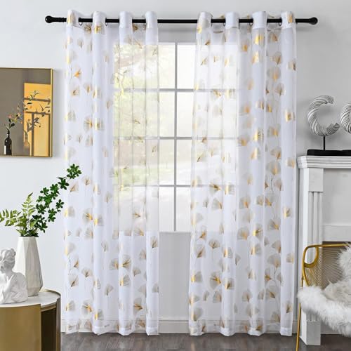 youleyar Silver Foil Print Voile Sheer Curtains,Wicker Grommet Top Window Drapes 63 Inches Long, Luxury Metallic Bronzing Treatment Panels for Home Window Decoration, 2 Panels