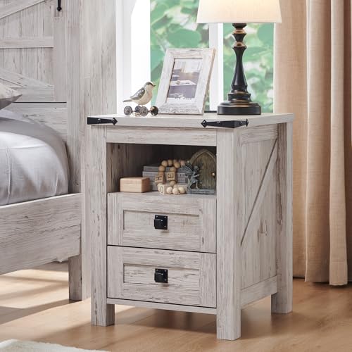 T4TREAM Nightstand with Charging Station, End Table, Side Table with 2 Drawers Storage Cabinet for Bedroom, Living Room, Farmhouse Design, Wood Rustic, Antique White