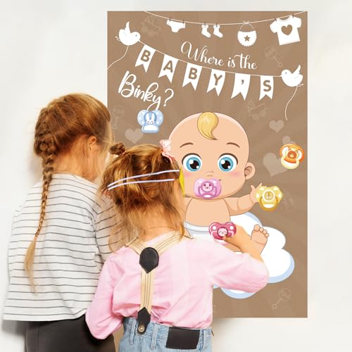 Atiloy Pin The Pacifier On The Baby Game - Baby Pacifier Games Poster with 64 Pacifier Stickers for Baby Shower Party Favors, Boys and Girls Kids Birthday Party Supplies