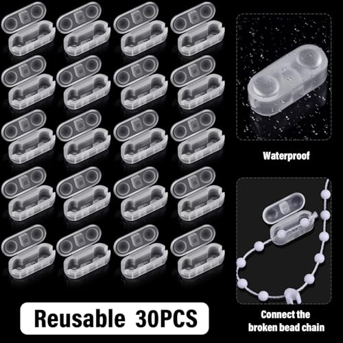 BBTO 30 Pack Chain Connectors, 4.5mm Ball Cord Chain Clips, Plastic Roller Shade Beaded Connector for Vertical Roman Roller Blind Window Replacement/Repair(Transparent)