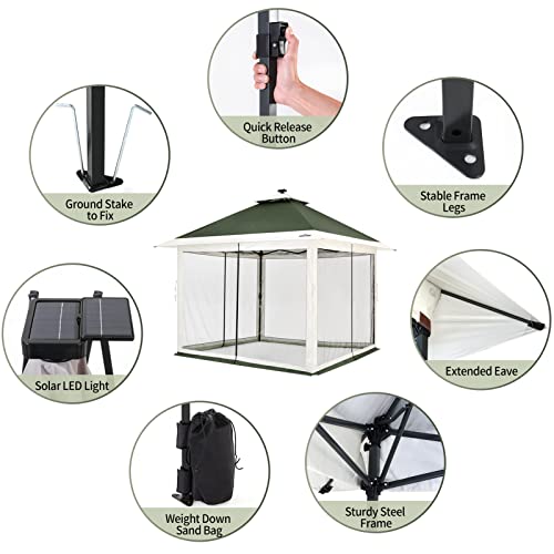 Suntime 12 x 12 Instant Pop Up Gazebo Polyester Canopy Tent Shelter with Solar LED Lights, 4 Zippered Screens, and Powder Coated Steel Frame, Green
