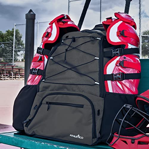 Athletico Dominator Baseball Backpack, Catchers Gear Adult Baseball Bag for 4 Bats, Large Bat Bag for Baseball Equipment, Holds Chest Protector, Helmet, Gloves, Cleats - Black