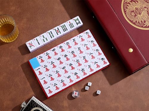 Mose Cafolo Chinese Mahjong Game Set 1.5" X-Large 144 Numbered White Blue Melamine Tiles with Carrying Travel Case,Complete Majong Majiang, Mah Jonng Game Set