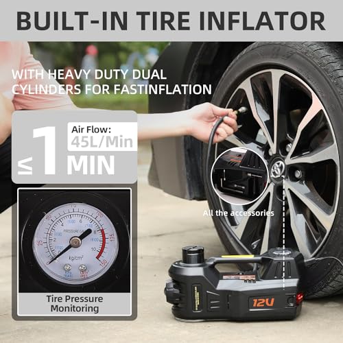 ROGTZ Electric Car Jack kit 5 Ton 12V Car Jack Hydraulic Jack with Impact Wrench and Tire Inflator Pump, Car Lift Floor Jack for SUV Sedans Tire Change with LED Light (Black)