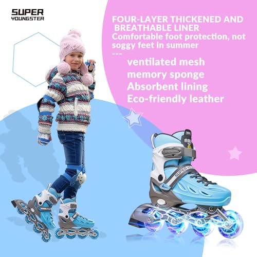 SUPER YOUNGSTER Adjustable Inline Skates for Boys Girls Ages 4-12 with Light Up Wheels, Roller Skates Blades for Youth Kids Indoor & Outdoor Beginners