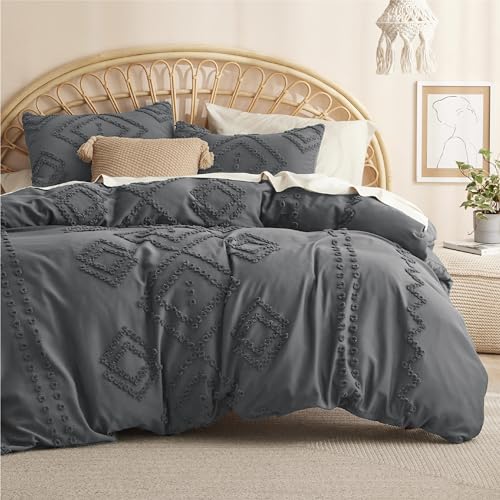 Bedsure Striped Tufted Duvet Cover Queen - Shabby Chic Duvet Cover, 3pcs All-Season Size Boho Bedding for All Seasons, Includes 1 Queen Duvet Cover & 2 Pillowcases (Navy, Queen, 90"x90")