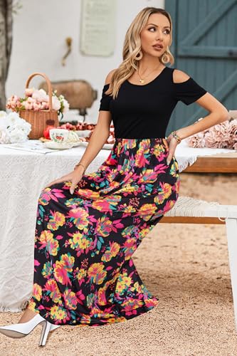 STYLEWORD Womens Dress Summer Floral Wedding Guest Maxi Long Boho Cold Shoulder Casual Plus Size 2025(Floral21,S)