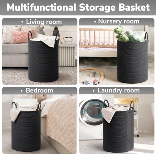 INDRESSME Woven Laundry Basket, Baby Nursery Hamper Bin Tall Storage Basket for Living Room, Kids Laundry Hamper for Clothes, Toys, Large Rope Basket for Blankets, Pillows, 19.7 x 13.8 inches, Black