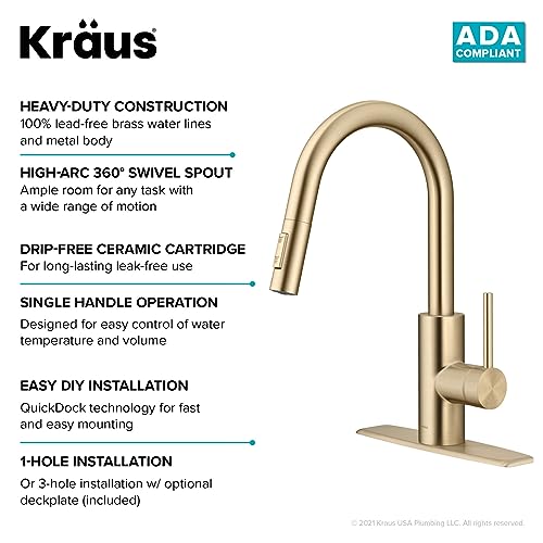 KRAUS Oletto Single Handle Pull Down Kitchen Faucet with QuickDock Top Mount Installation Assembly in Spot Free Antique Champagne Bronze, KPF-2620SFACB