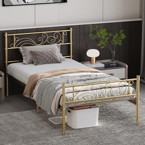 Weehom Twin Size Bed Frame with Headboard No Box Spring Needed Platform Single Bed for Kids, Gold