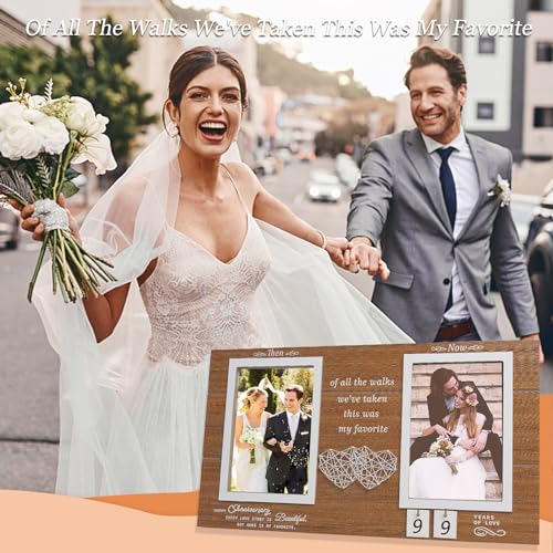 Then and Now Anniversary Picture Frame, 1-99 Years Wedding Gift Ideas, Engagement Bridal Shower Gifts, 25th Anniversary Wood Double Photo Frame for Couple, 4x6 Inches Photos