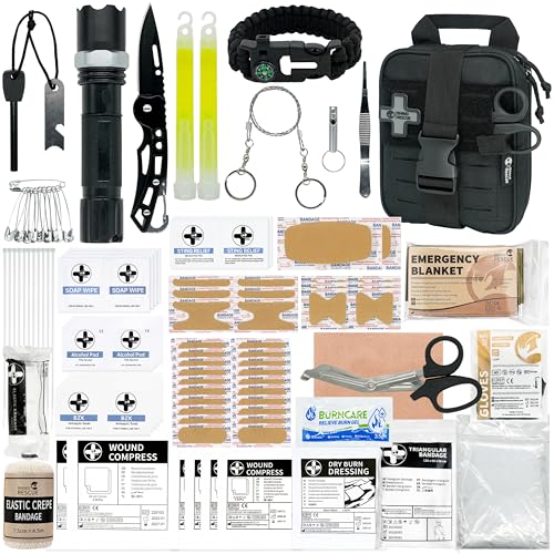 RHINO RESCUE Small First Aid Kit with Survival Tools, HSA/FSA Eligible, Emergency Care Bag for Car Camping Backpacking Hiking Hunting Black