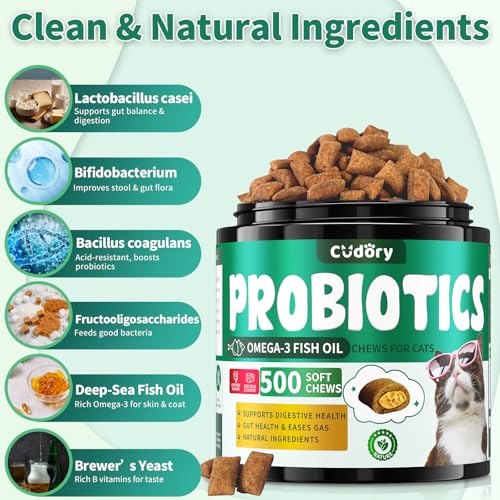 Digestive & Gut Support for Cats - Cat Probiotics Tasty Chews + Herbal Cat Antibiotics Supplement- Healthy Skin, Coat, Gut Support for Cats Supplements & Prebiotics