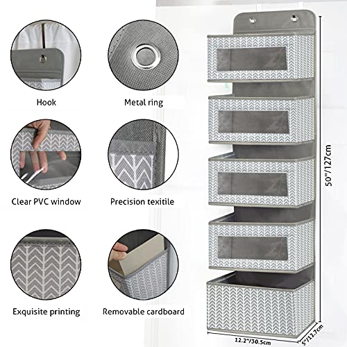 Over The Door Hanging Organizer with 5 Large Pockets - Wall Mount Pantry Storage with Clear PVC Window & 2 Big Metal Hooks for Closet,Bathroom,Nursery,Bedroom,Dorm,Baby Diapers,Kids Toys (Gray)