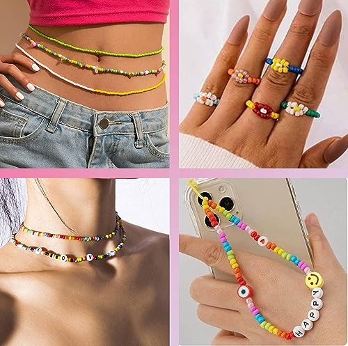 54000pcs Glass Seed Beads for Jewelry Making Kit, 120 Colors 2mm Small Beads with Letter Evil Eye Beads Jump Rings & Charms Pendants for Bracelets Making, DIY, Art and Craft