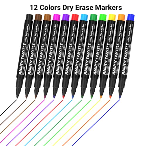 Magnetic Dry Erase Markers Fine Point Tip, 12 Colors White Board Markers Dry Erase Marker with Eraser Cap, Low Odor Whiteboard Markers Thin Marking for Kids Teachers Office School Supplies