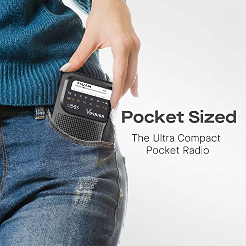 AM FM Battery Operated Portable Pocket Radio - Best Reception and Longest Lasting. AM FM Compact Transistor Radios Player Operated by 2 AA Battery, Mono Headphone Socket, by Vondior